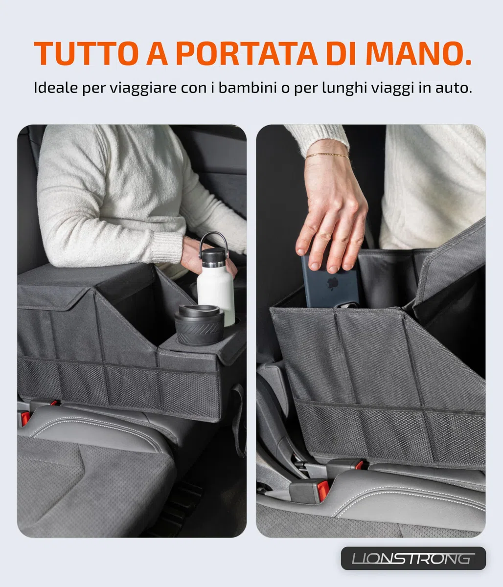 LIONSTRONG® Organizzatore Auto [STABILE GRAZIE PANNELLI PLASTICA] - Organizzatore Universale Sedile Posteriore e Sedile Passeggero - Ideale per Vacanze - Spazio per Giocattoli - Resistente all'Acqua