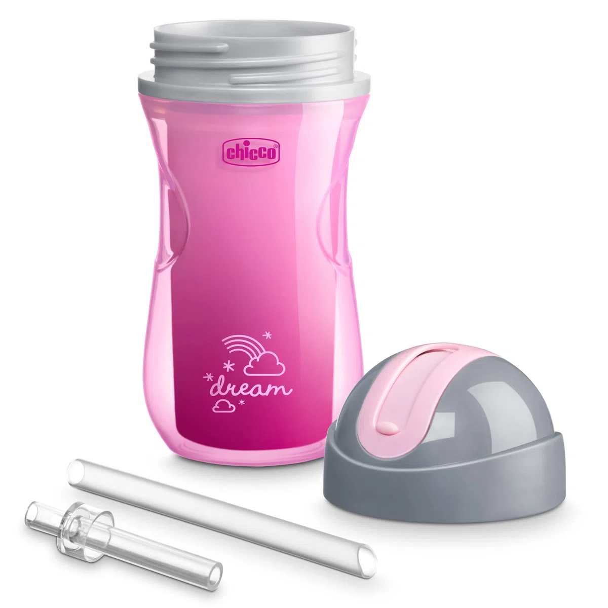 Chicco Tazza termica a doppia parete con cannuccia in silicone e coperchio antigoccia, 255 ml, lavabile in lavastoviglie, facile da tenere con rientranze ergonomiche, rosa sogno/viola, 2 pezzi, 12+