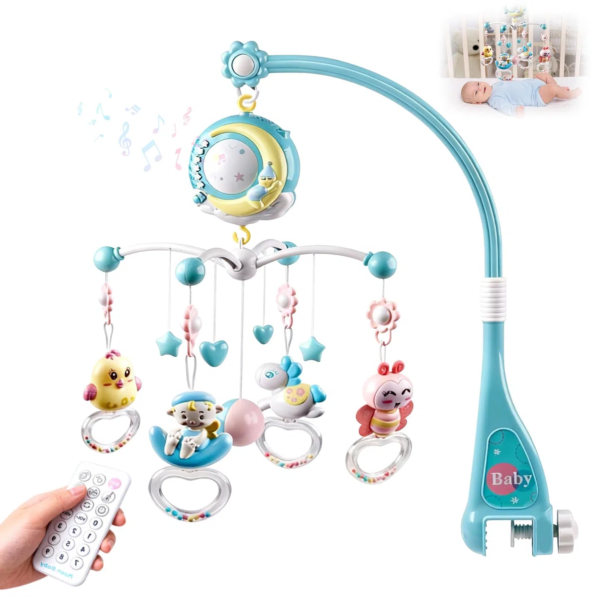 Giostrina Lettino Musicale, Giostrina Culla Neonato con 150 Melodie, Proiettore e Funzione di Cronometraggio Appeso Rotante Carillon Lettino Giocattolo per Culla Neonati Regalo per Neonato