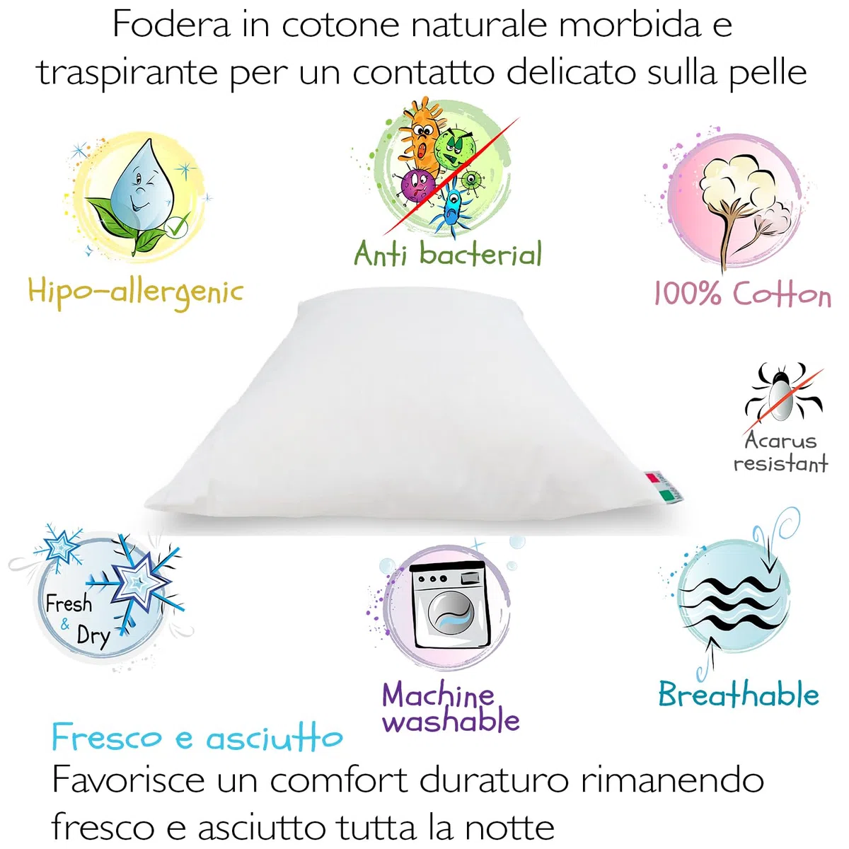 4BABIES - Cuscino Lettino Bambino 40x60, Cuscino per Bambini Traspirante Anallergico con rivestimento in Cotone 100% Italiano, Antiacaro Ipoallergenico per culla