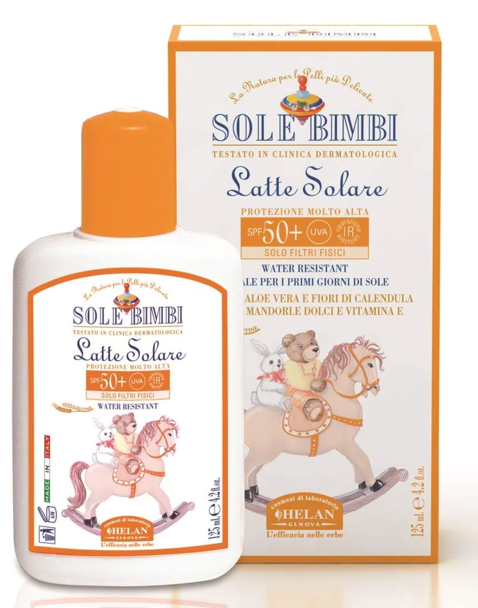 Helan, Sole Bimbi - Crema Solare 50+ Bambini e Neonati, Protezione Solare 50+ SPF Molto Alta contro Raggi UVB/UVA, Crema Solare Viso e Corpo con Olio di Mandorle Dolci, Vitamina E e Aloe Vera, 125 ml