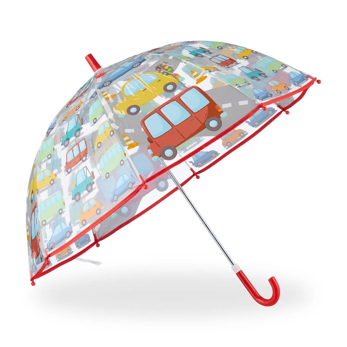 Relaxdays Ombrello per Bambini, Design Macchine, Ombrellino Parapioggia con Bastone Bimbi, Ø 73 cm, Colorato Trasparente