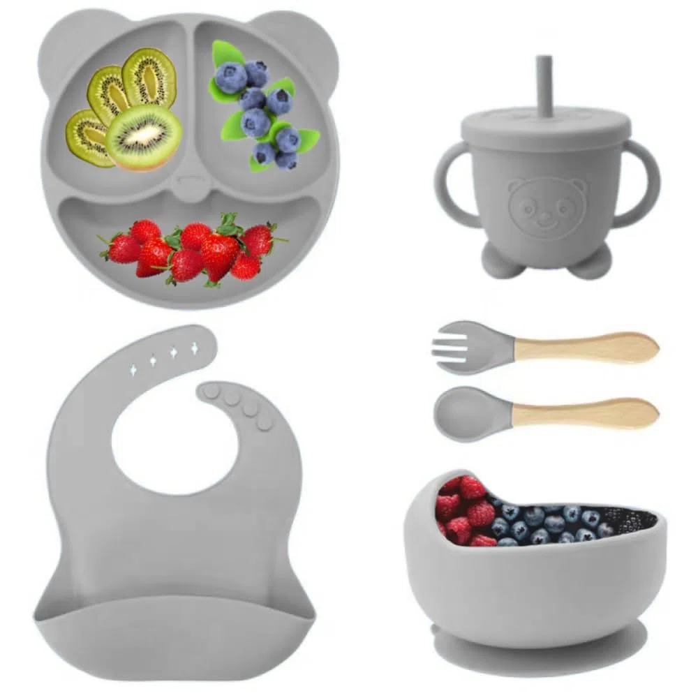 Eliano Set di 6 stoviglie in silicone per bambini – senza BPA – piatto e ciotola antiscivolo, bavaglino, tazza per imparare a bere con cannuccia e posate – set per lo svezzamento guidato dal bambino