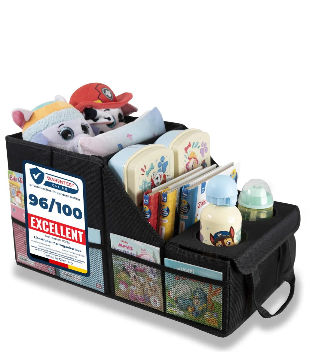 LIONSTRONG® Organizzatore Auto [STABILE GRAZIE PANNELLI PLASTICA] - Organizzatore Universale Sedile Posteriore e Sedile Passeggero - Ideale per Vacanze - Spazio per Giocattoli - Resistente all'Acqua