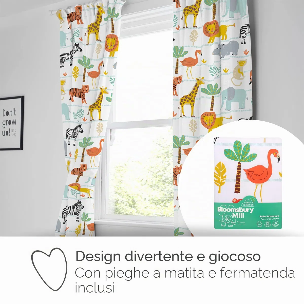 Bloomsbury Mill - Avventura Safari - Animali della Giungla - Coppia Di Tende Foderate Per Bambini Con Fermatenda - 168 cm x 183 cm