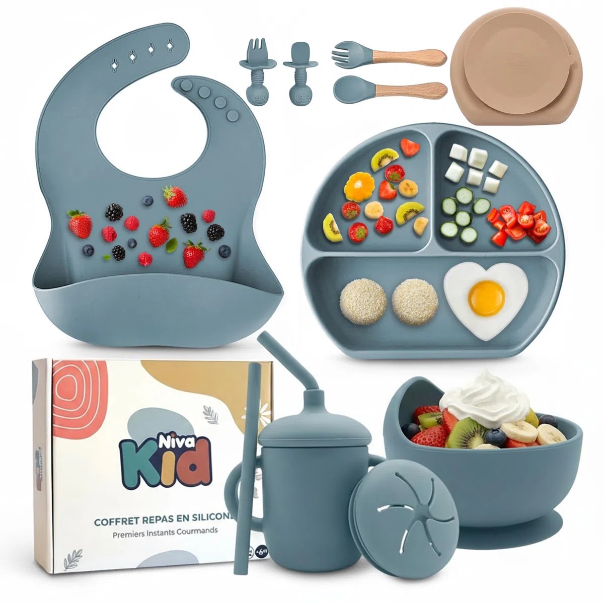 Set Pappa Svezzamento, Regalo Nascita Bimbo e Battesimo, Piatto con Ventosa in Silicone Alimentare, Senza BPA, Lavabile in Lavastoviglie, Set Neonato Completo, Idea Regalo Neonato