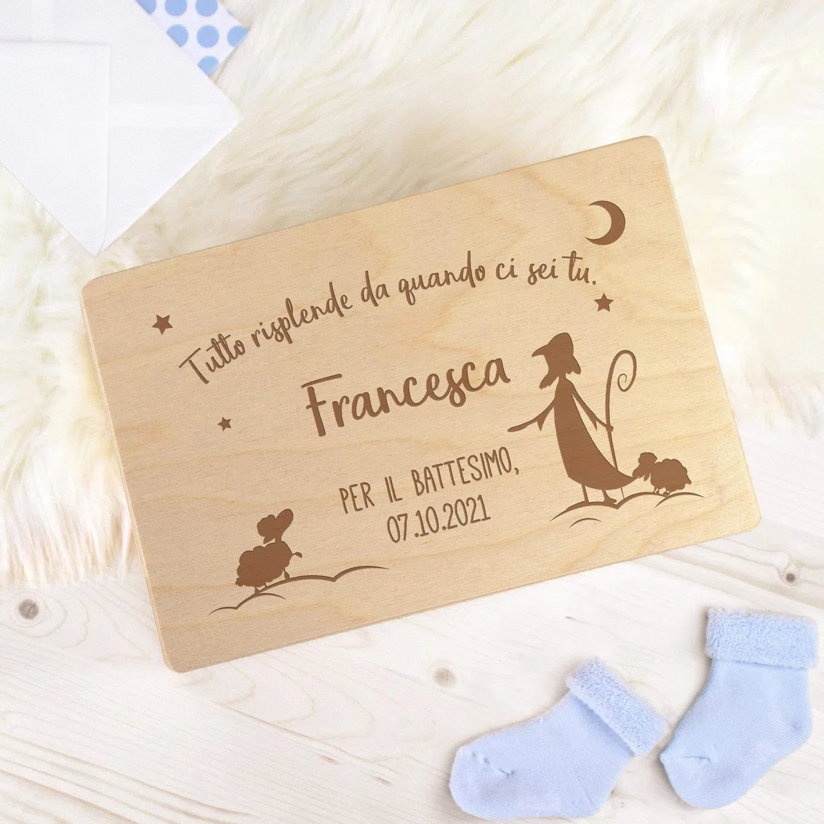 Casa Vivente Confezione Regalo in Legno con Incisione per il Battesimo Personalizzata con Nome e Data, Scatola dei Ricordi Portaoggetti, Accessori Decorativi Cameretta