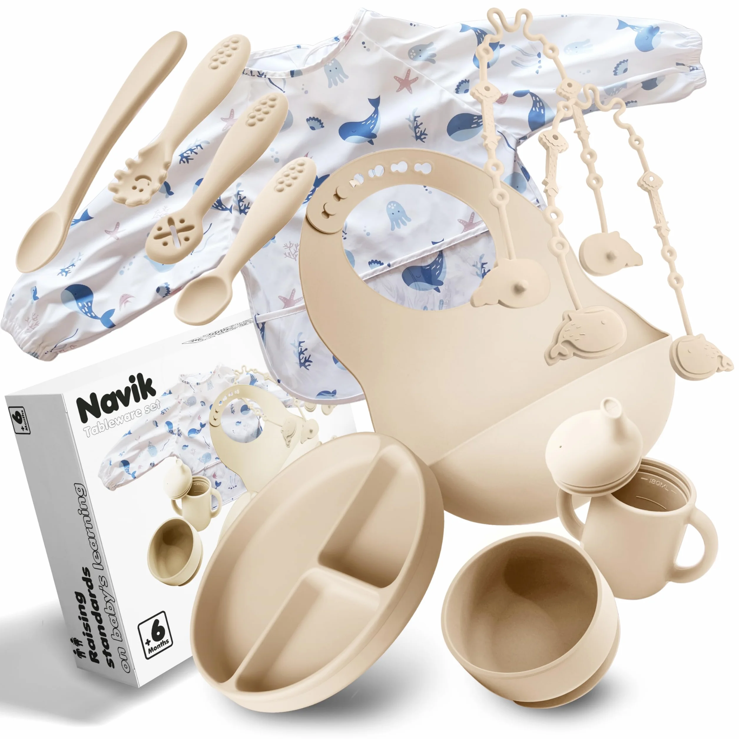 Navik | set pappa svezzamento da 12 pezzi | piatto svezzamento con ventosa per bambini | bicchiere bambino | cucchiaio e ciotola in silicone | beige