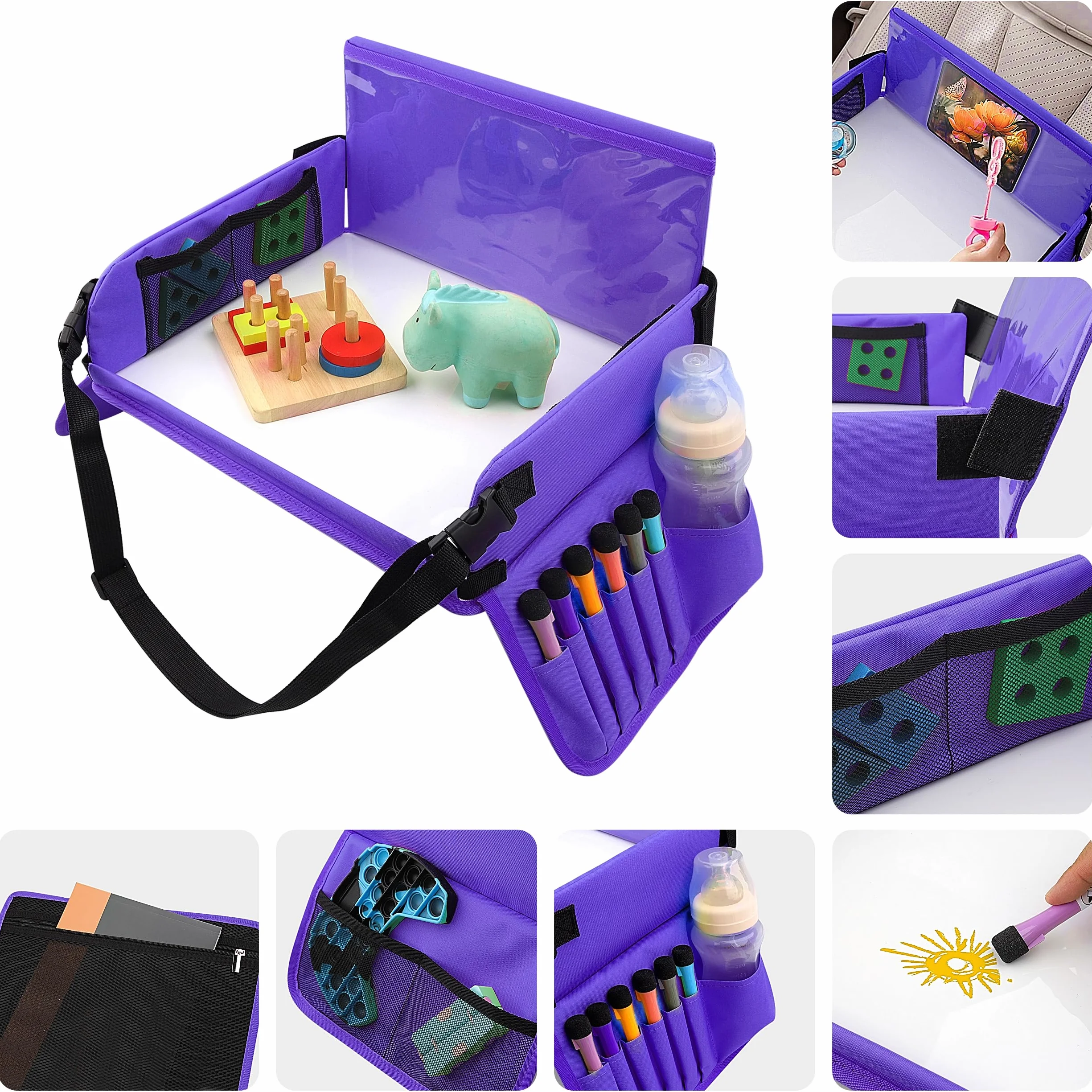 Vassoio da Viaggio per Bambini – Tavolino Auto per Bambini con 6 Pennarelli e 1 Custodia (Viola)