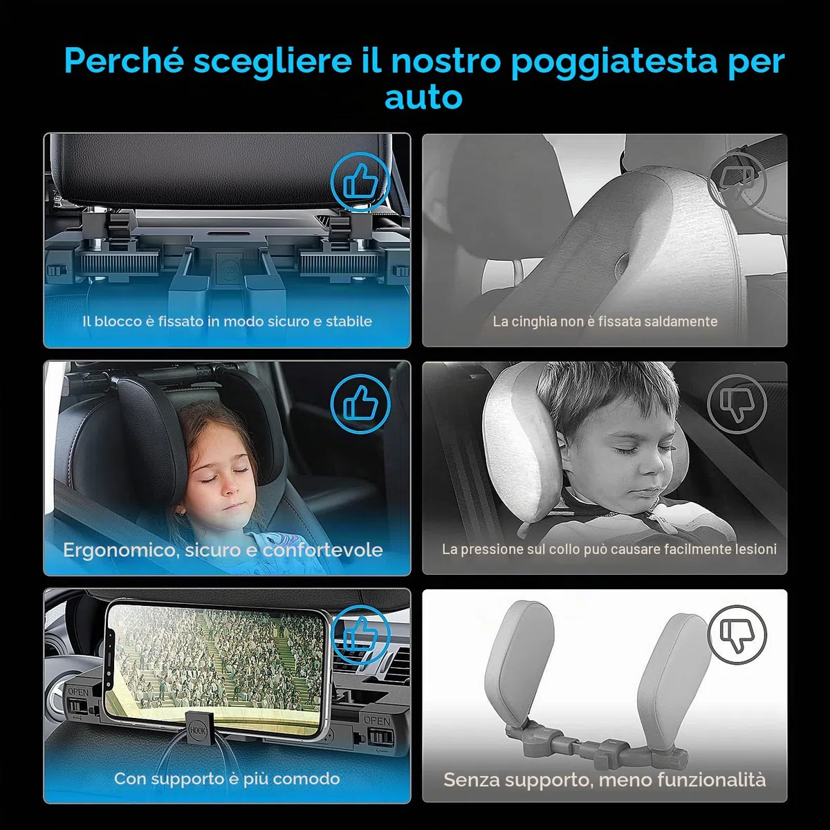 Poggiatesta Auto,180°Regolabile Telescopico Smontare Dell'auto Supporto Per Il Collo Dormire Poggiatesta Laterale,Adatto Per Il Supporto Della Testa di Adulti e Bambini (Nero A05 PVC)