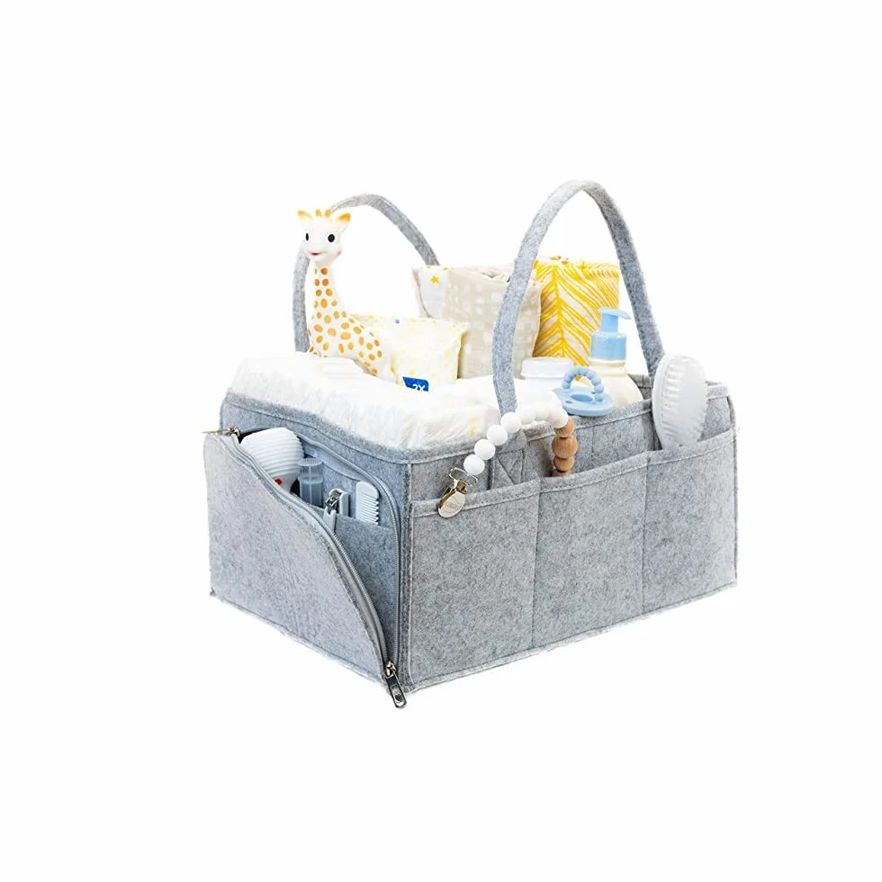 Cestino Portaoggetti per Neonati, Borsa in Feltro Baby Diaper Caddy Porta Pannolino Organizzatore con Scomparti, Portatile Fasciatoio Nursery Cestini, Sacchetto per Salviette, Grigio