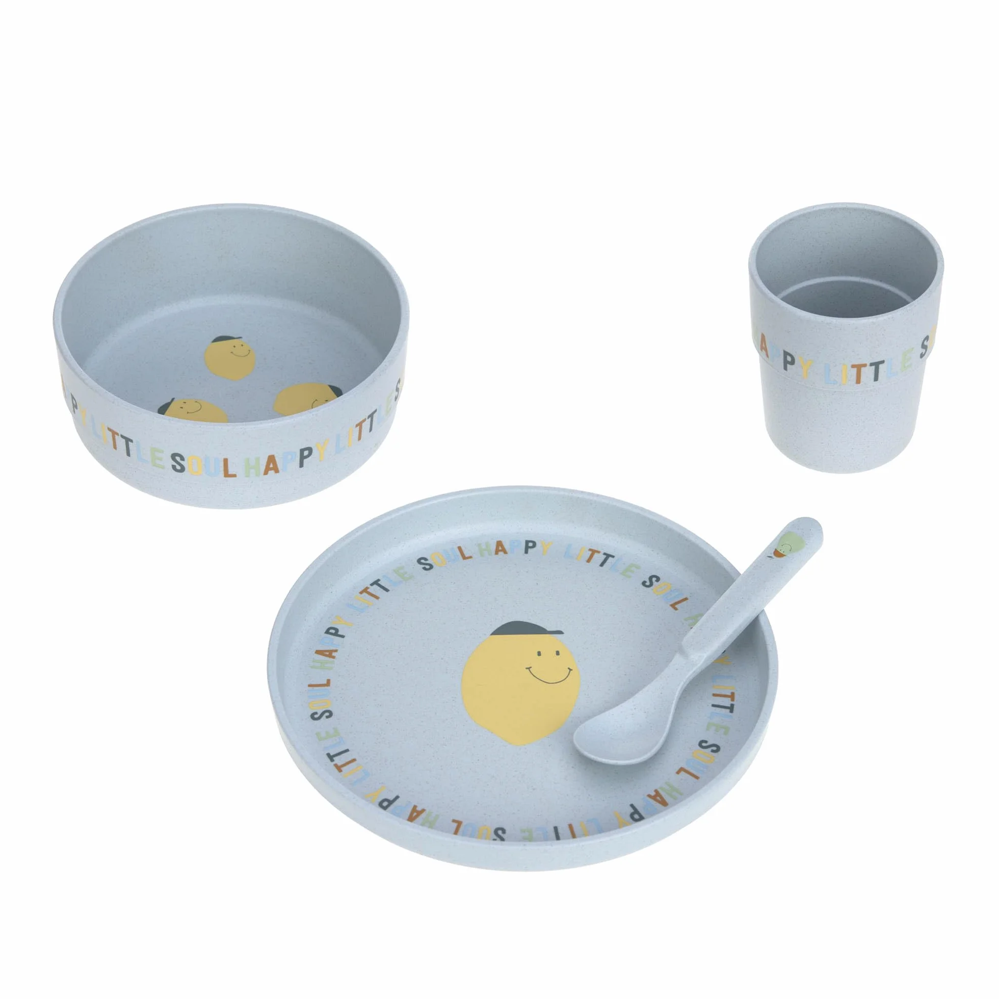 LÄSSIG Set di stoviglie per bambini (piatti, tazze, ciotole, cucchiai) senza melamina, senza BPA, lavabili in lavastoviglie e nel microonde/Dish Set Happy Fruits Lemon