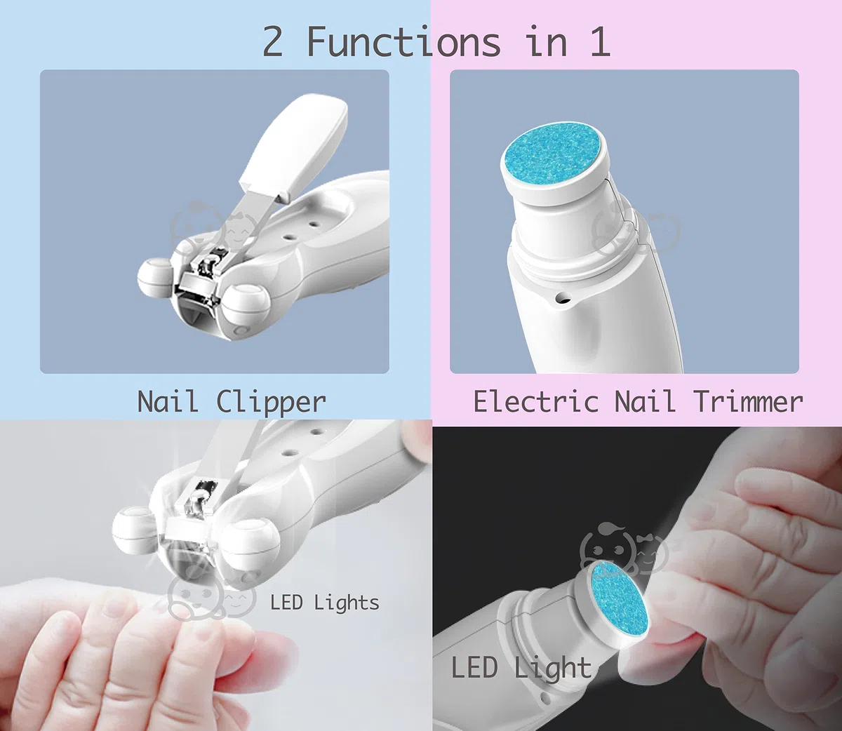 Royal Angels Tagliaunghie Elettrico Ricaricabile Multifunzione 20 in 1, Lima Unghie a Doppio Lato per Neonati e Bambini, 15 Testine e Luce LED (neve)
