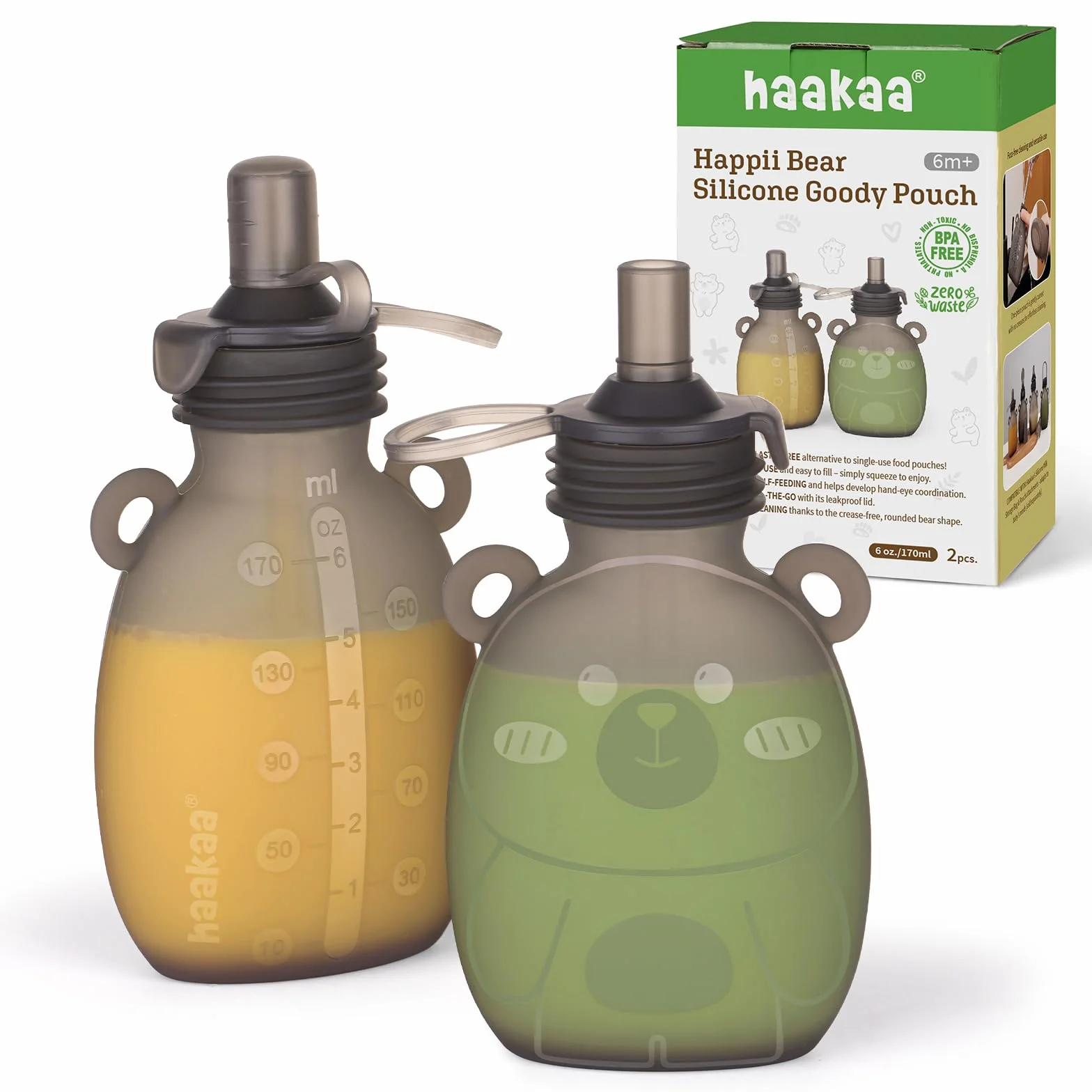 haakaa Happii Bear - Sacchetti riutilizzabili in silicone per alimenti per bambini, per puree, succhi di frutta, frullati e yogurt fatti in casa, perfetti per bambini e bambini, confezione da 2, 170 g