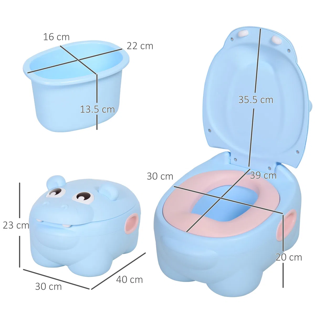 HOMCOM Vasino per Bambini 6 Mesi-48 Mesi Antiscivolo Ippopotamo Blu (40x30x23cm)