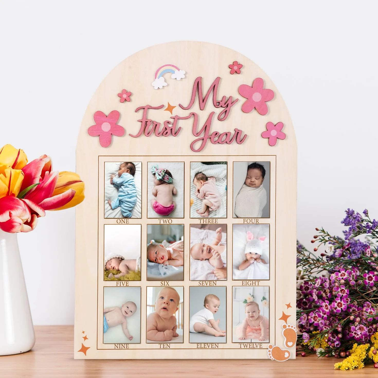 NQEUEPN My First Year - Cornice foto 3D con margherita, legno, mensile, decorazione cameretta neonato