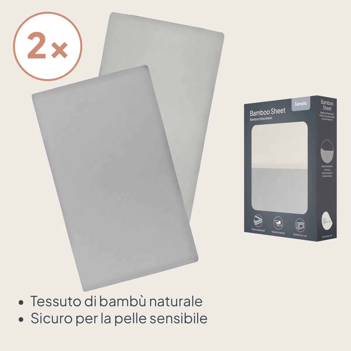 LIONELO Lenzuola con angoli per lettino neonato, Set da 2, 118x60 cm, Cotone di bambù naturale, Traspiranti, Ideali per materasso di lettino, lettino da viaggio/Campeggio o culla, Bianco/Grigio