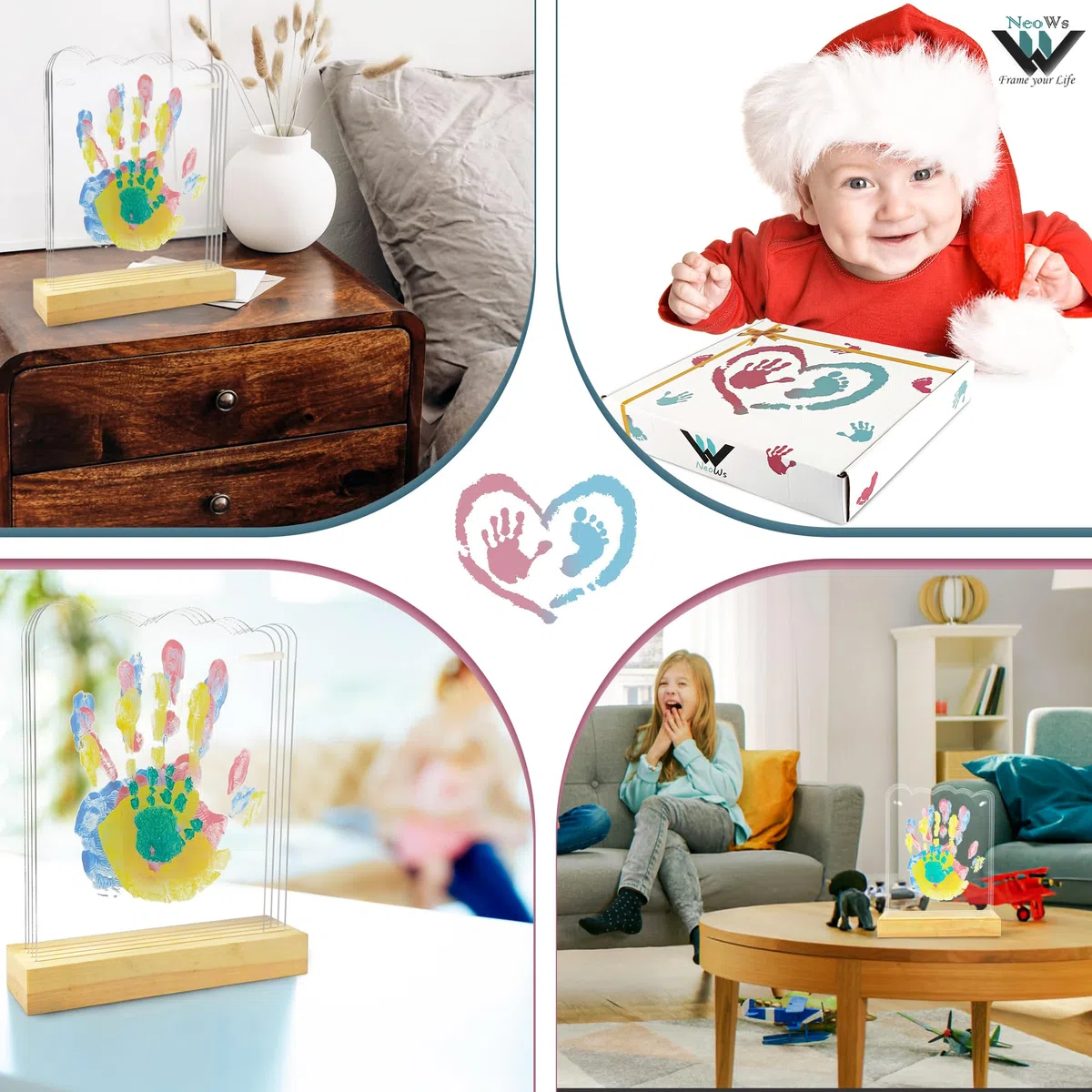 Kit impronte Mani Famiglia Con Base in Legno e Foglie a Forma di Nuvola per 4 Persone, Cornice Personalizzata per Dipingere le Mani del Bambino e Genitori Idee Regalo Originali Ricordi per Nonni