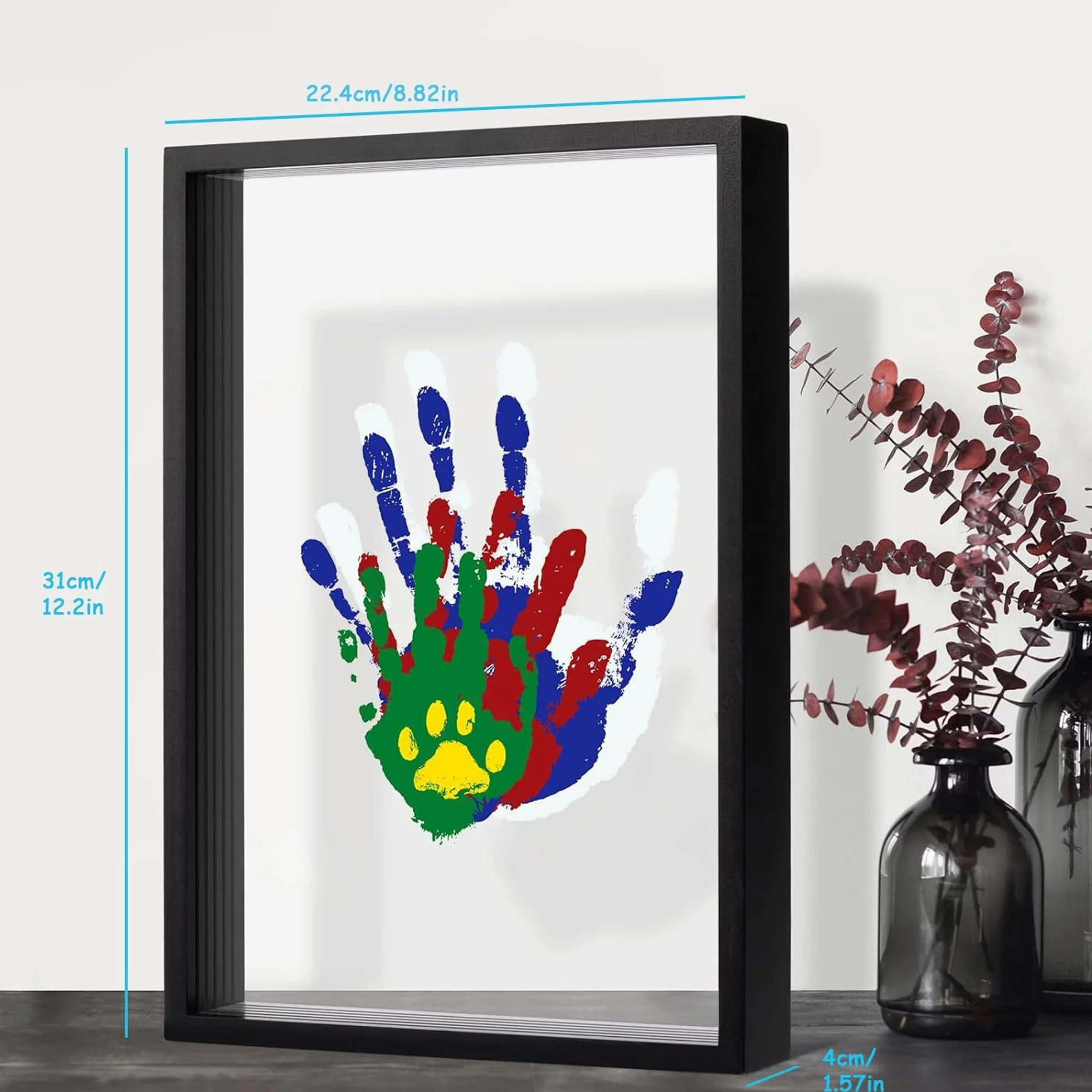 QSLKI Kit di Impronte di Mani per Famiglia, Nero, Cornice Impronta Mani e Piedi Neonati con Spazio, Kit di Impronte Delle Mani dei Membri Della Famiglia, 4 Deflettori, 6 Vernici, Stampa di Zampe