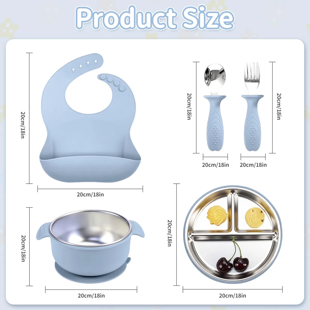 Cofanetto Pasto Bebè 5 Pezzi, Stoviglie in Silicone Antiscivolo con Ventosa: Piatto a 3 Scomparti, Ciotola, Bavaglino, Cucchiaio e Forchetta – Senza BPA per Neonati e Bambini (blu)