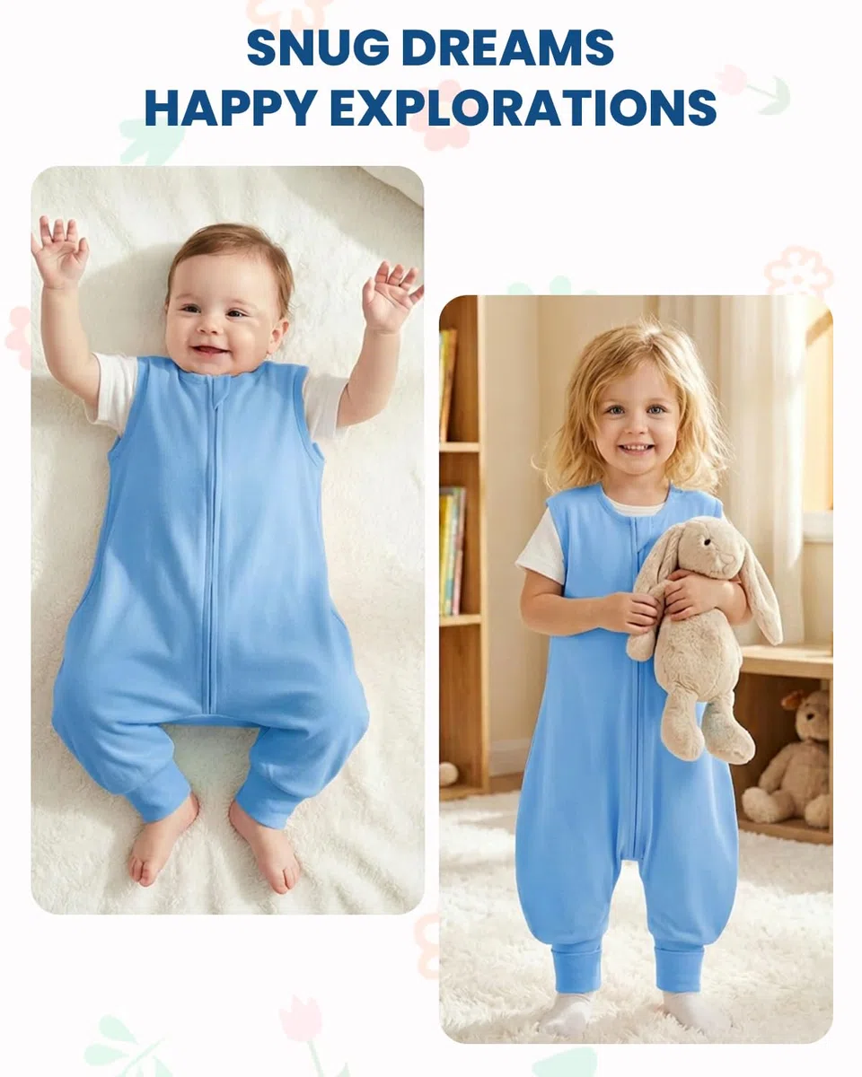 WYTbaby Sacco a pelo con piedi, 0,5 Tog, confezione da 2 pezzi, sacco a pelo per bambini, 100% cotone, senza maniche, per tutto l'anno, per ragazzi e ragazze, blu medusa 70 cm