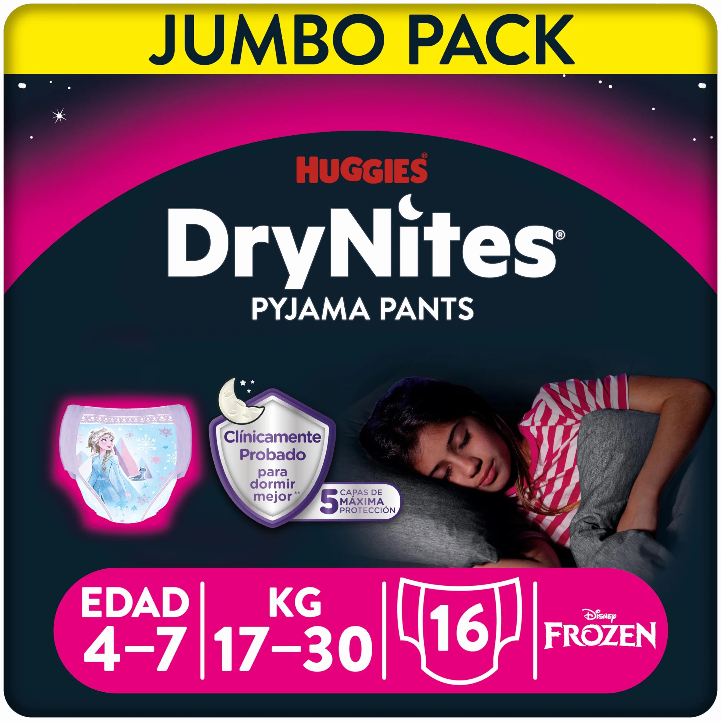 DryNites Huggies Mutandine Assorbenti per la Notte, 17-30 kg, 1 Pacco da 16 Pezzi