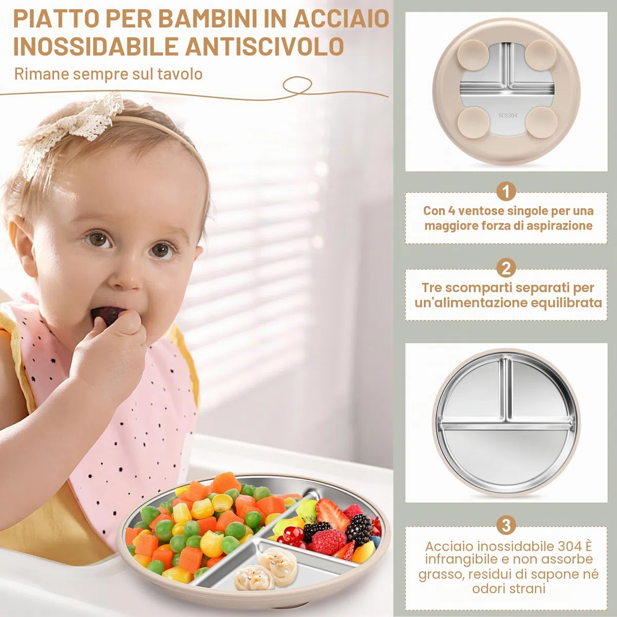 Set di stoviglie per bambini in acciaio inox con ventosa, 6 pezzi in acciaio inox con piatto per bambini, bicchierini per imparare a bere, bavaglini con maniche, cucchiaio per bambini