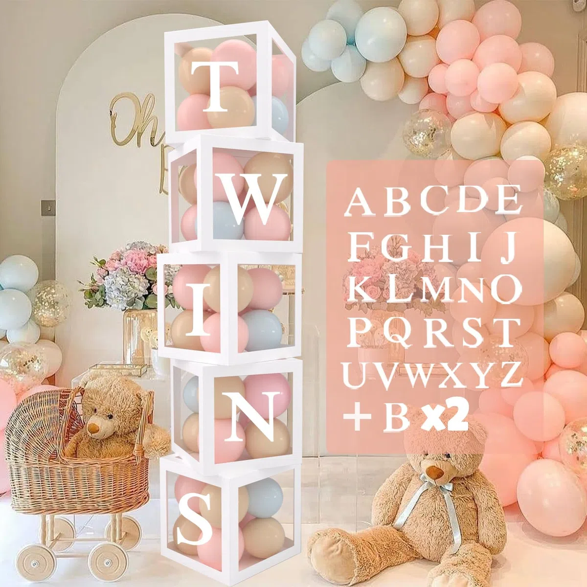 Scatola Baby Shower, 5 Pezzi Scatole Decorative Baby, 25cm Cubi Trasparente Baby con 54 Lettere per Baby Shower Decorazioni, DIY Nome, Compleanno, Battesimo Bimbo Bimba, Gender Reveal Party