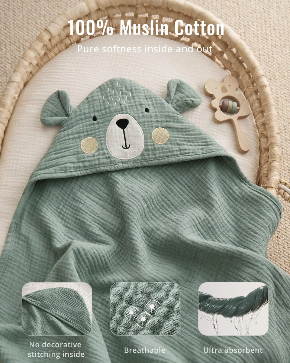 Blissful Diary Asciugamano con cappuccio in mussola, asciugamano da bagno morbido e assorbente per neonati, neonati, bambini, unisex, 81 x 81 cm, orso intelligente