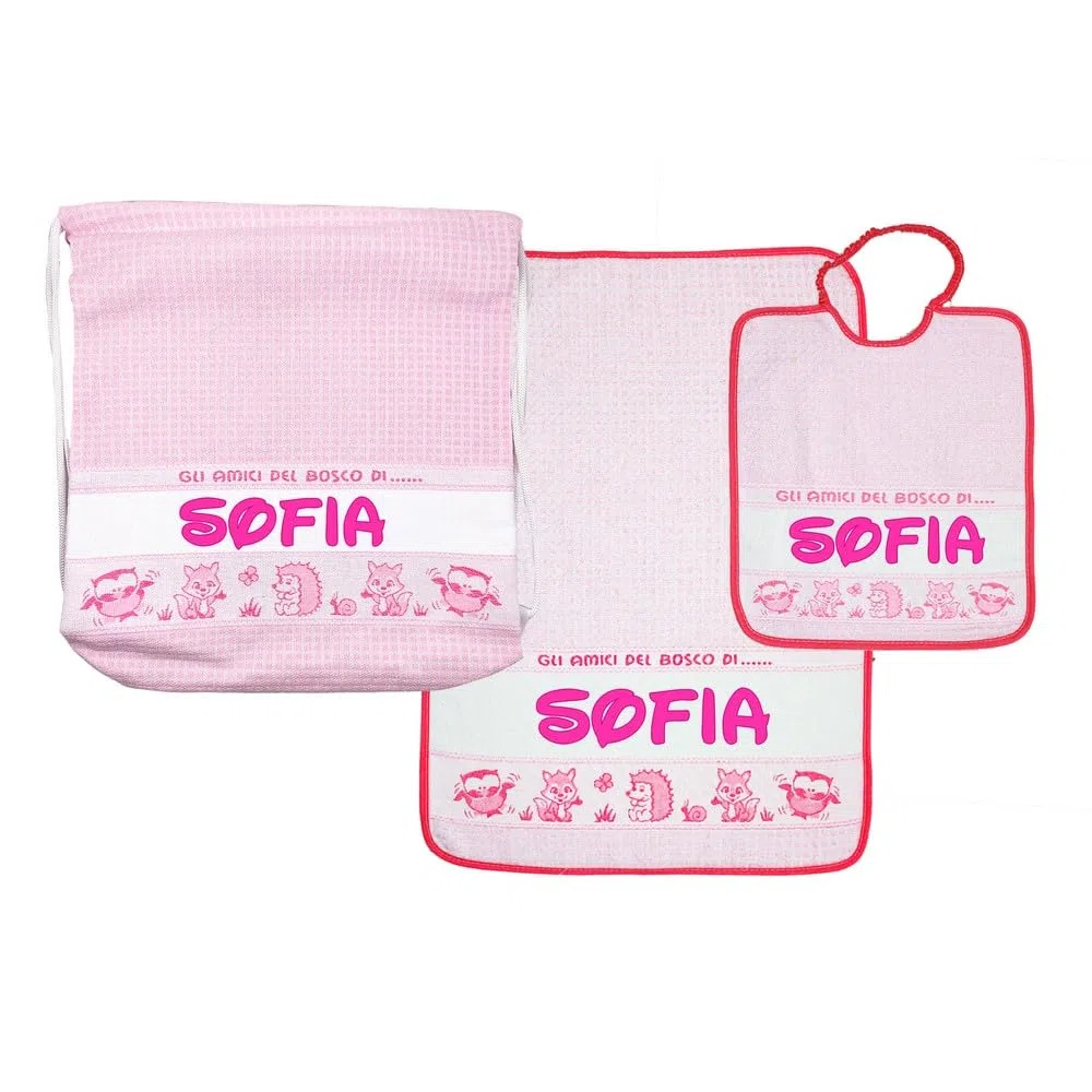 Bubabù SET ASILO PERSONALIZZATO BOSCO composto da 3 pezzi: bavaglino spugna con elastico cm.28x33, asciugamano cm.40x55, zainetto con fascia PERSONALIZZATI Cotone 100% Made in Italy