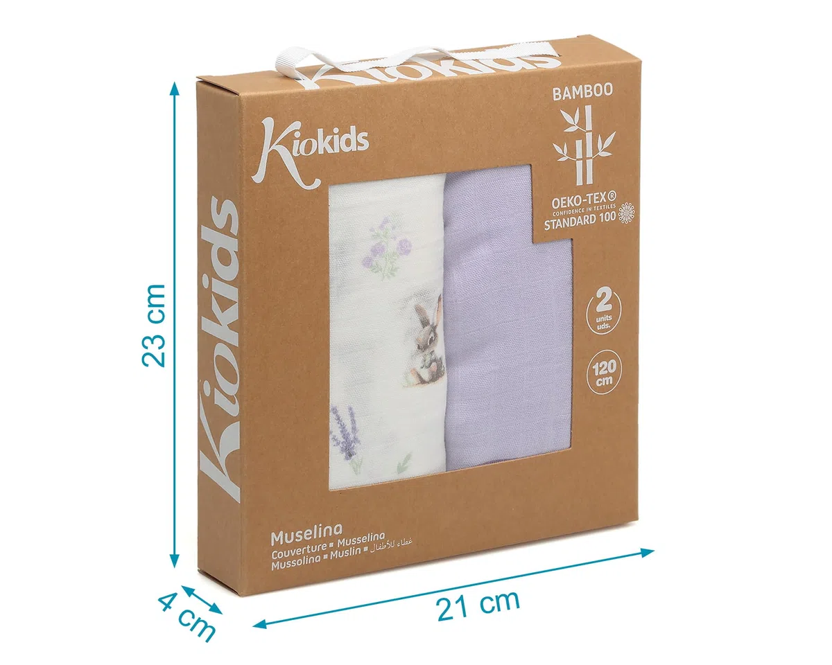Kiokids | Set 2 Mussole, Coniglietti e Lavanda | Collezione Petit Moments | 70% bambù e 30% cotone | Ultra morbido | Antibatterico e termoclimatico | Protettore UV |+0 mesi | 120x120cm