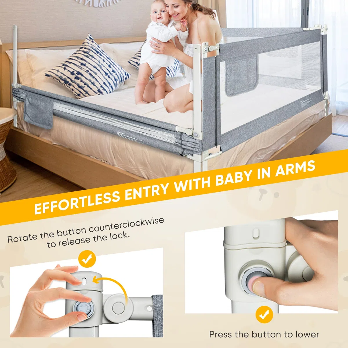 Sponde Letto Bambini，150 cm Barriera Letto Bambini，Sponda di Sicurezza per Bambini con Doppio Blocco di Sicurezza per Bambini, Altezza Regolabile，protezione da caduta，1PCS(Grigio)
