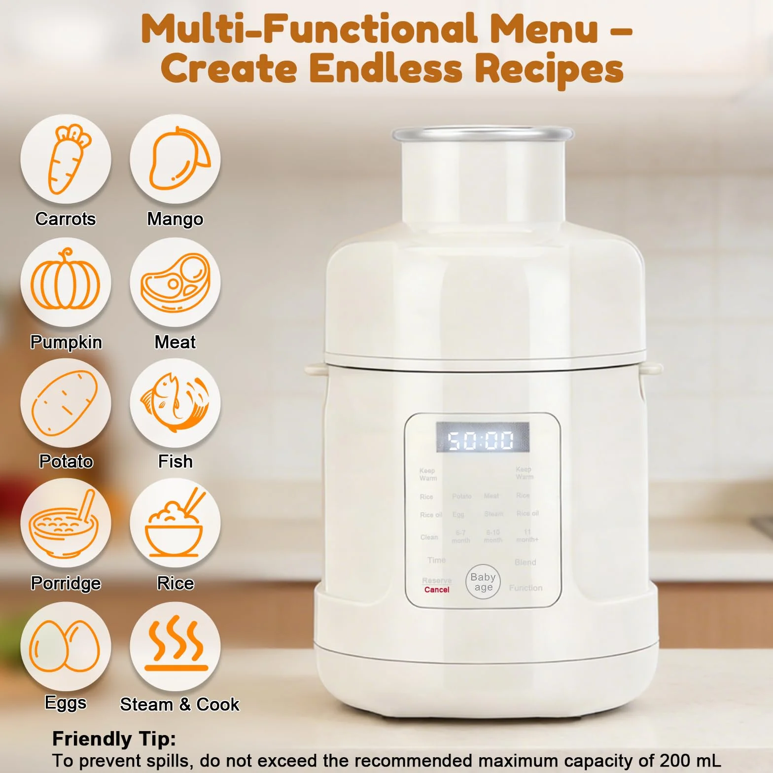 Preparatore per alimenti per bambini 500W, con vaporiera, frullatore, scaldapappa con timer, Per tutte le fasi della crescita, Touch screen, programmi preimpostati, autopulizia, Acciaio inox