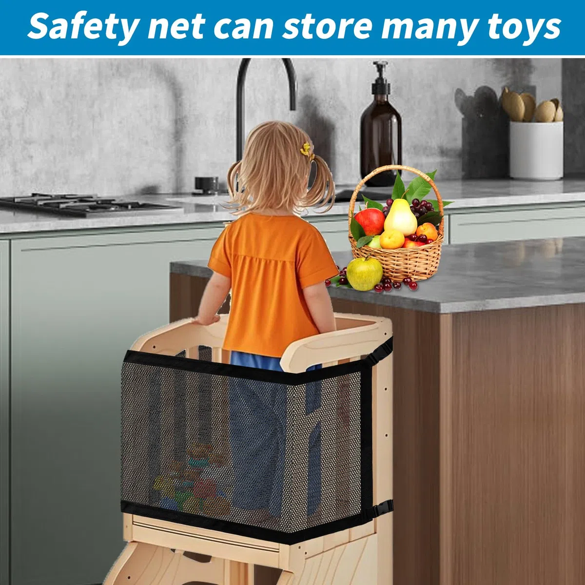 Lyreh Rete Sicurezza Per Torre Bambini, Doppio Strato Rete Sicurezza Torre Apprendimento & Scalino Cucina Aiutante Maglia Fitta Protezione 4 Lati per Gioco dei Bambini e Conservazione Giocattoli