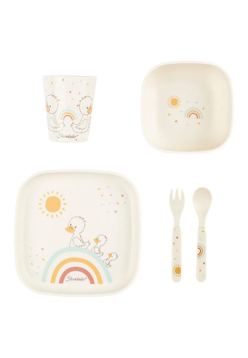 Sterntaler Set di stoviglie con anatra Edda Lou ecru, set da 5 pezzi, per ragazzi e ragazze, composto da bicchiere, piatto quadrato, ciotola di porridge e cucchiaio e forchetta