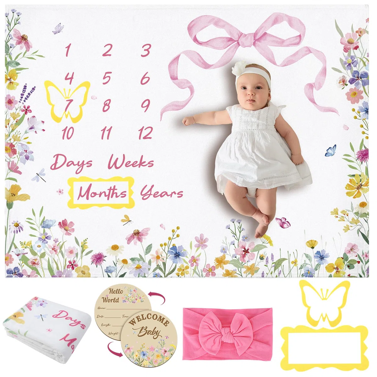 GSrenyu Coperta in flanella per bambini, con stampa floreale e fiocco, per neonati, ragazzi e ragazze, include cornice in feltro
