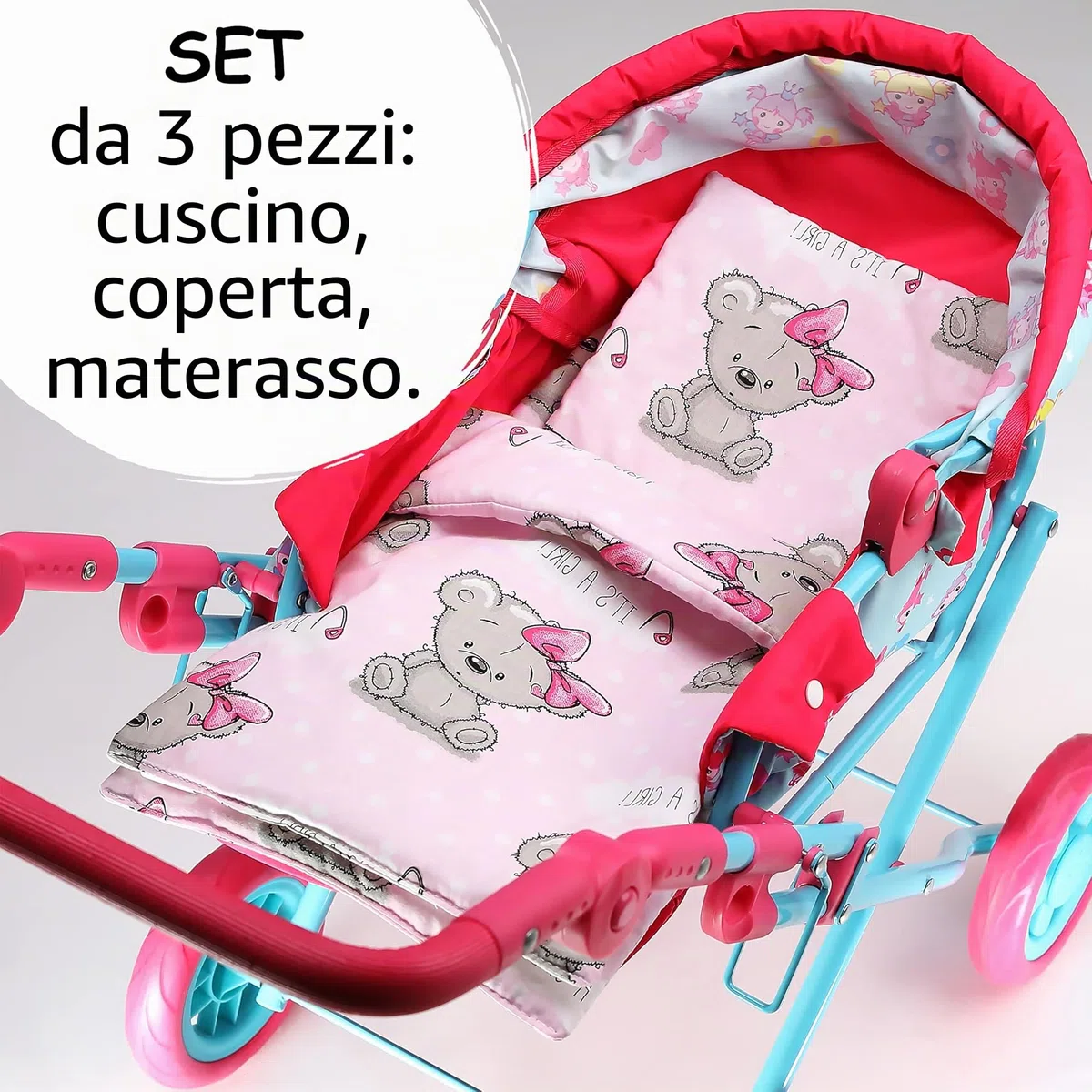 PinkZebra Set di 3 pezzi di biancheria da letto per bambole, coperta + cuscino + materasso, fino a 43 cm, per carrozzina di bambola, per letto di bambola, It's A Girl