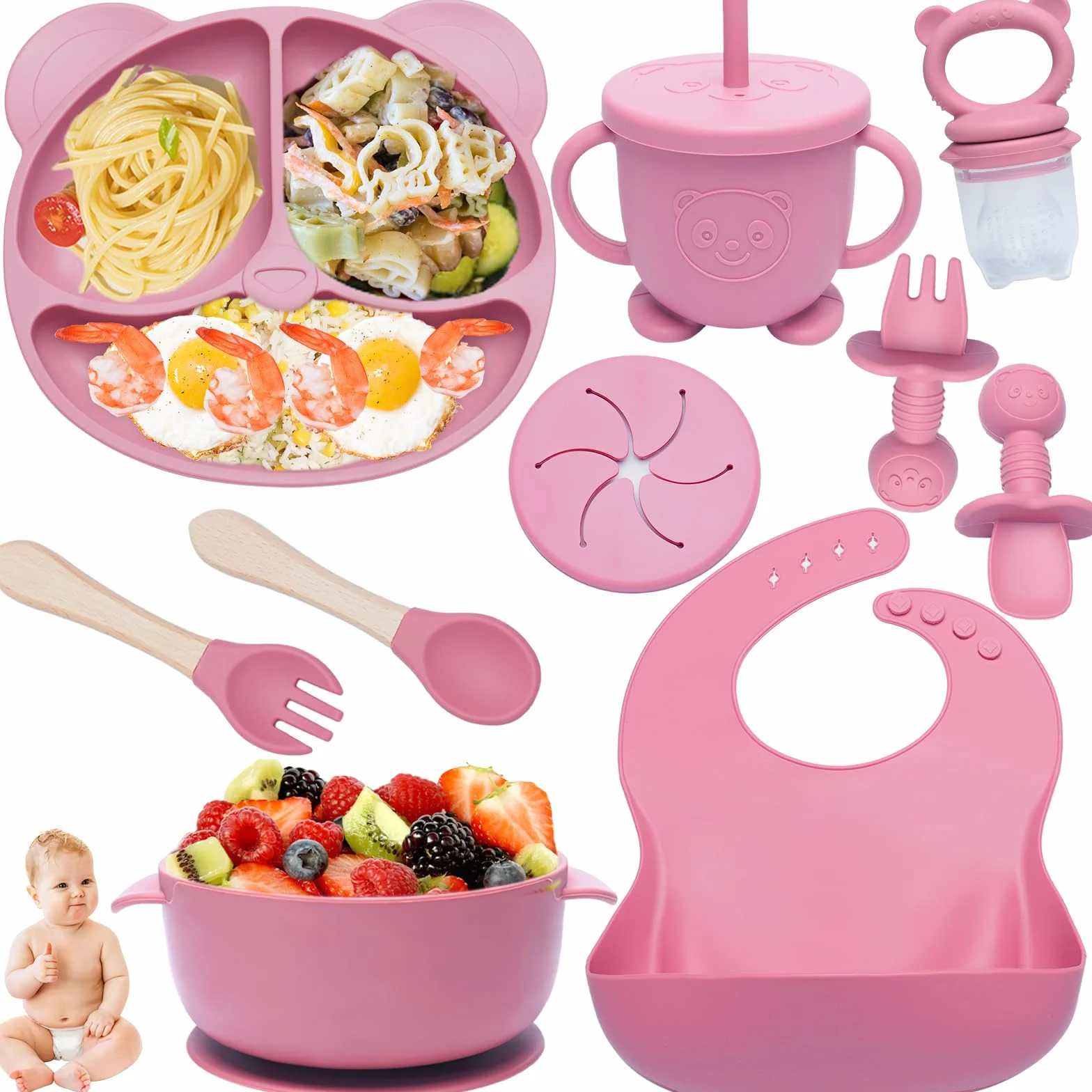 Posate set da 10 pezzi in silicone antiscivolo con ventosa, bavaglino, ciotola, cucchiaio, forchetta, beige