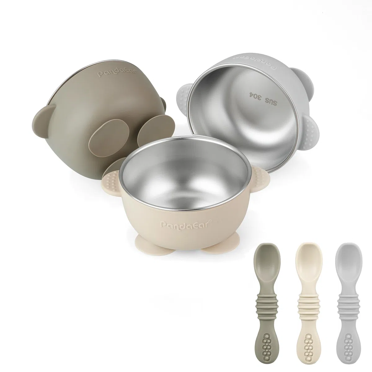 PandaEar Set 3 Ciotole Inox con Ventosa e 3 Cucchiai in Silicone | Ciotole Antiscivolo per Neonati e Bimbi, Perfette per Svezzamento BLW, Senza BPA (Lino, Marrone, Grigio)