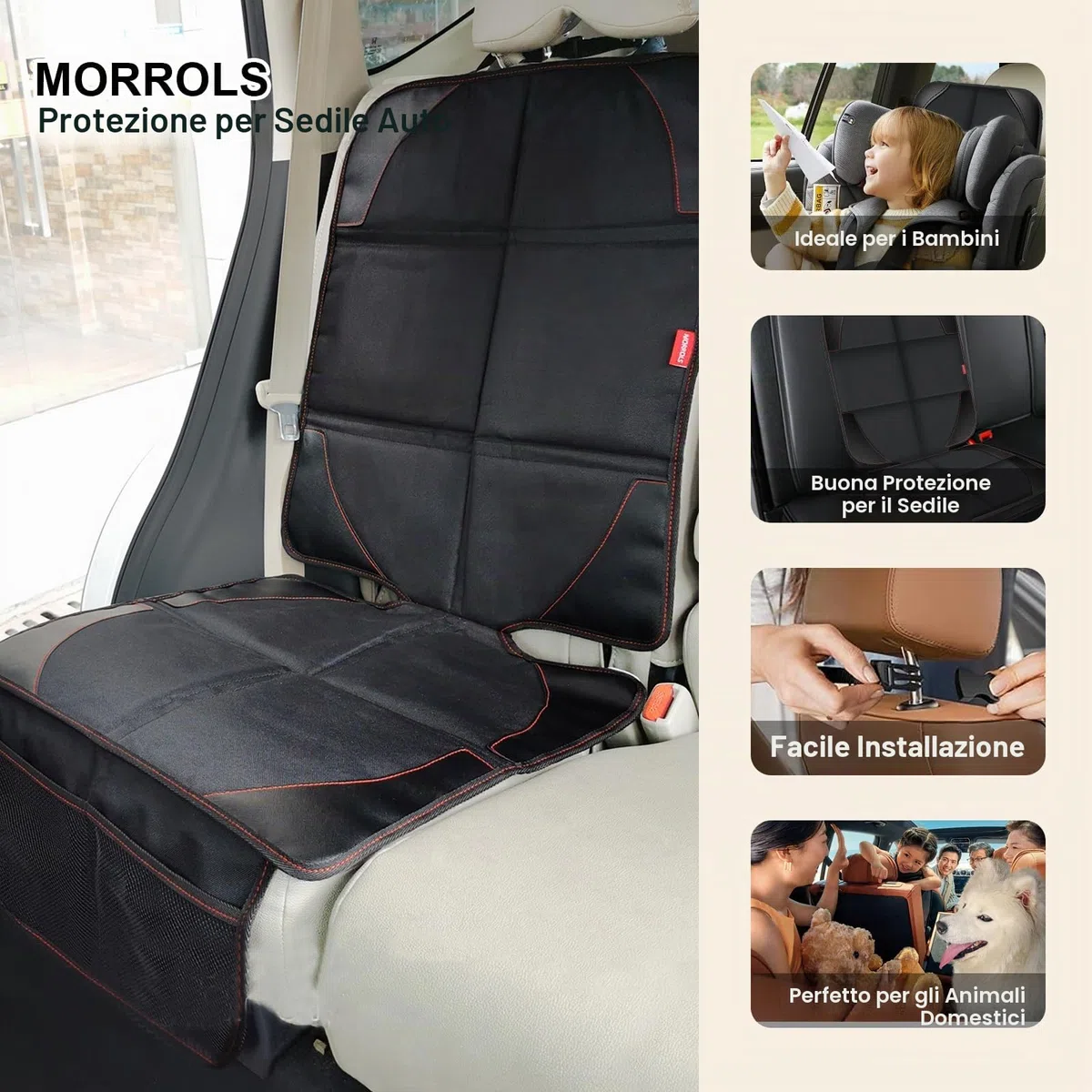 MORROLS Set di 2 protezioni per sedili auto, in pelle, con fondo antiscivolo, impermeabili, grandi tasche a rete in pelle e tessuto, per SUV, berlina, bagagliaio