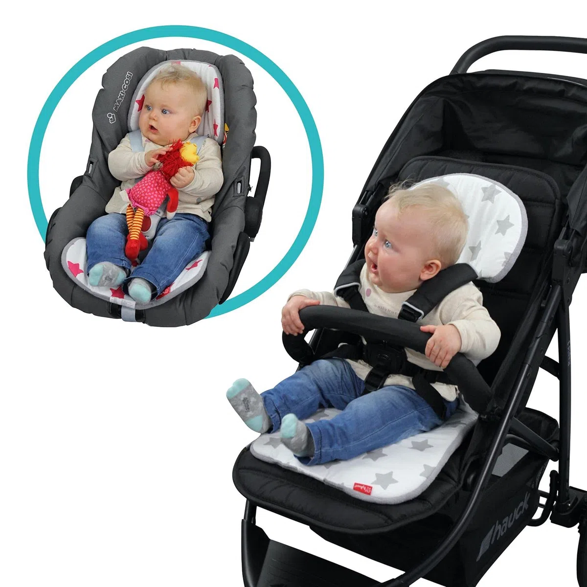 ByBoom Basics imbottitura per il seggiolino del bebè, 77x32 cm, per ovetto, passeggino, buggy, p.es. per Maxi-Cosi, Inglesina, Chicco, Peg Perego, con lato in 100% cotone e lato in spugna, Made in EU