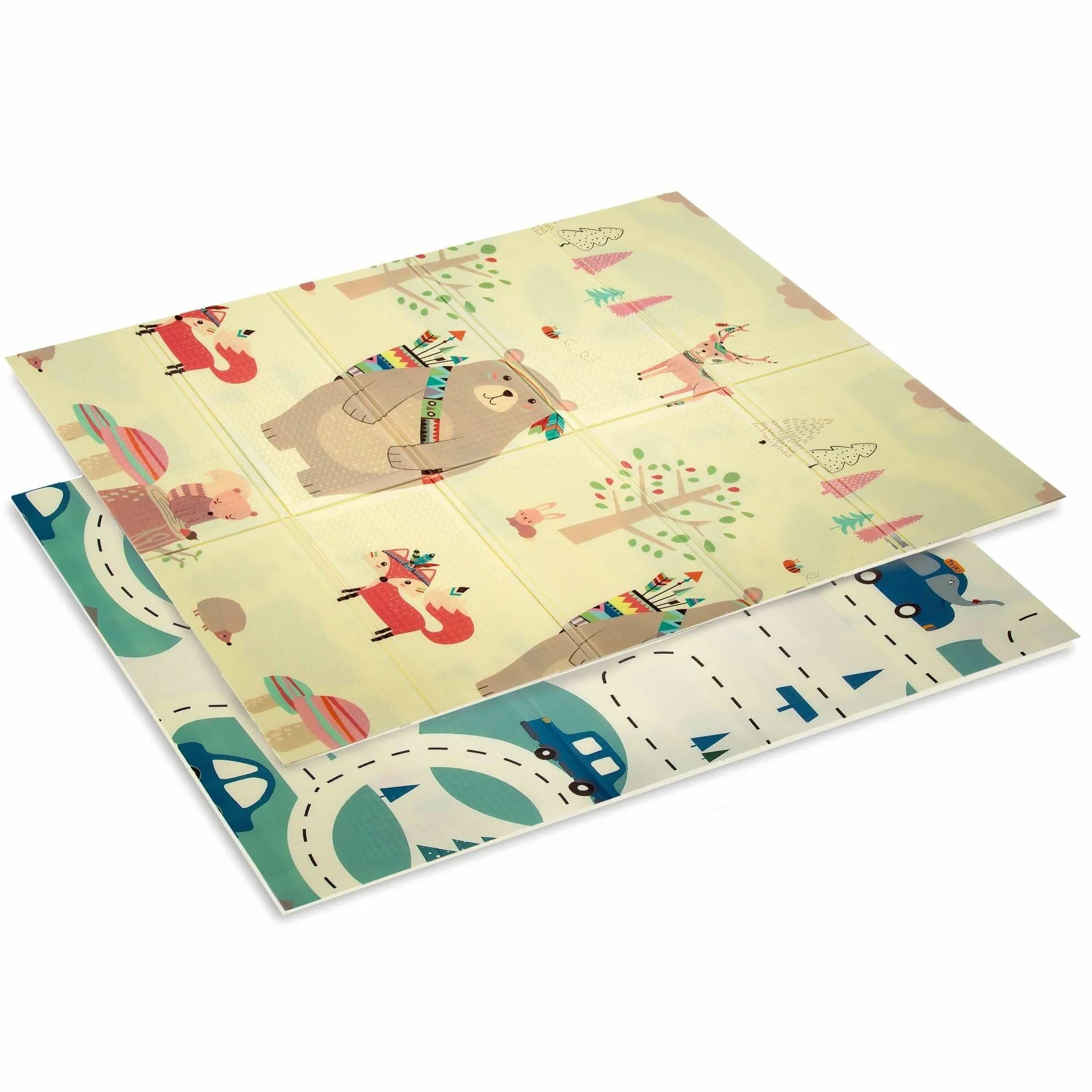 Humbi Tappeto bambini, tappetino per gattonare, schiuma XPE, bifacciale, barra piatta, impermeabile, extra large, tappeto per bambini, antiscivolo, 120x180 orsetti, volpi e macchinine