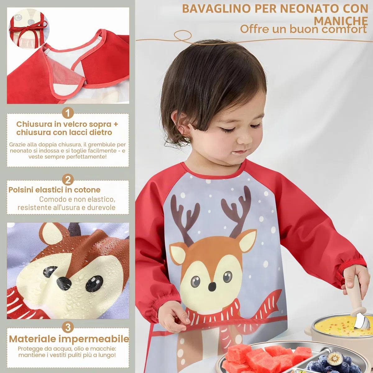 Set di stoviglie per bambini in acciaio inox con ventosa, 6 pezzi in acciaio inox con piatto per bambini, bicchierini per imparare a bere, bavaglini con maniche, cucchiaio per bambini