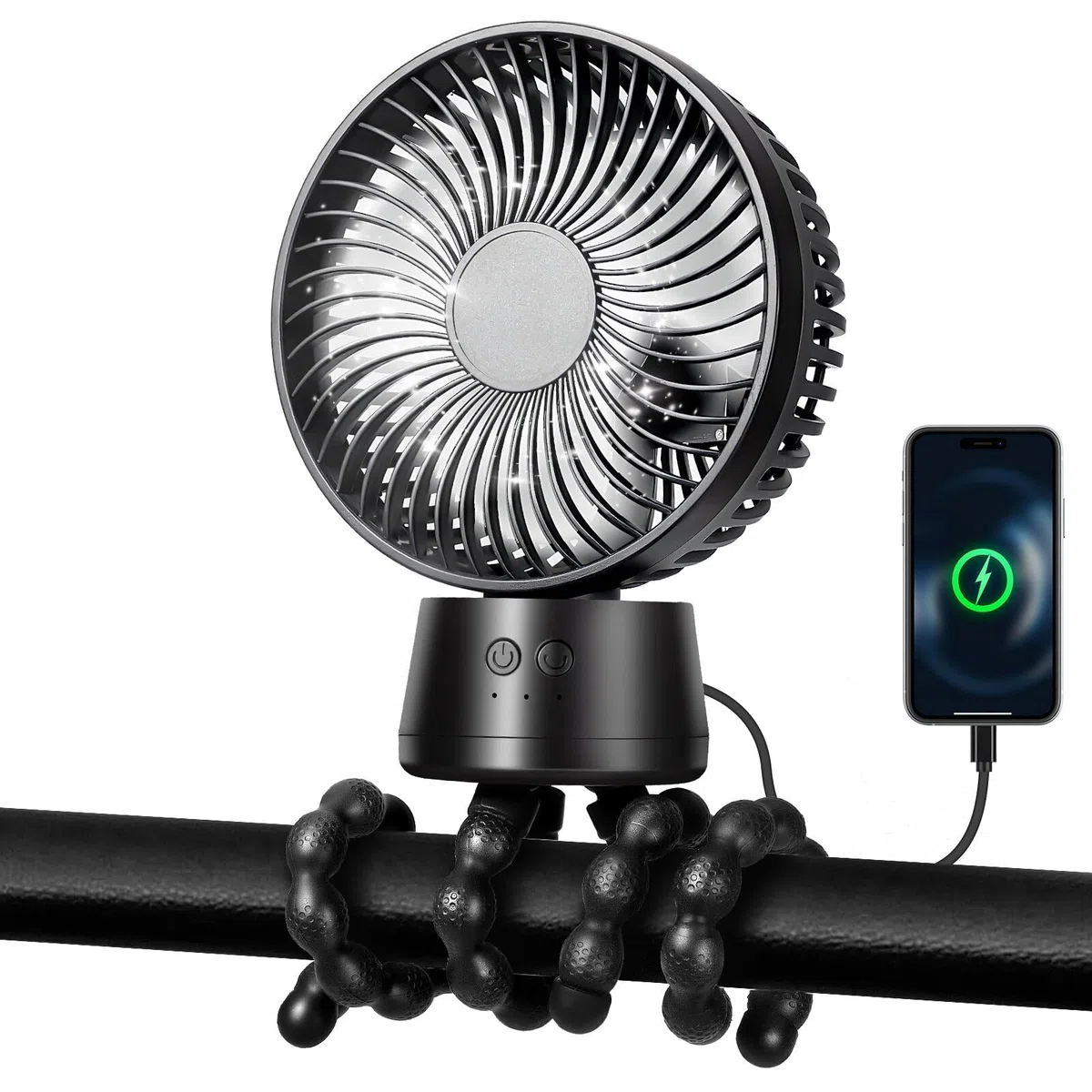 POPERFUN Ventilatore per Passeggino 10000mAh, Ventilatore Portatile con Luce LED, 3 Velocità Ventilatore USB Ricaricabile per Passeggino, Culla, Seggiolino Auto, Ufficio, Viaggio (Nero)