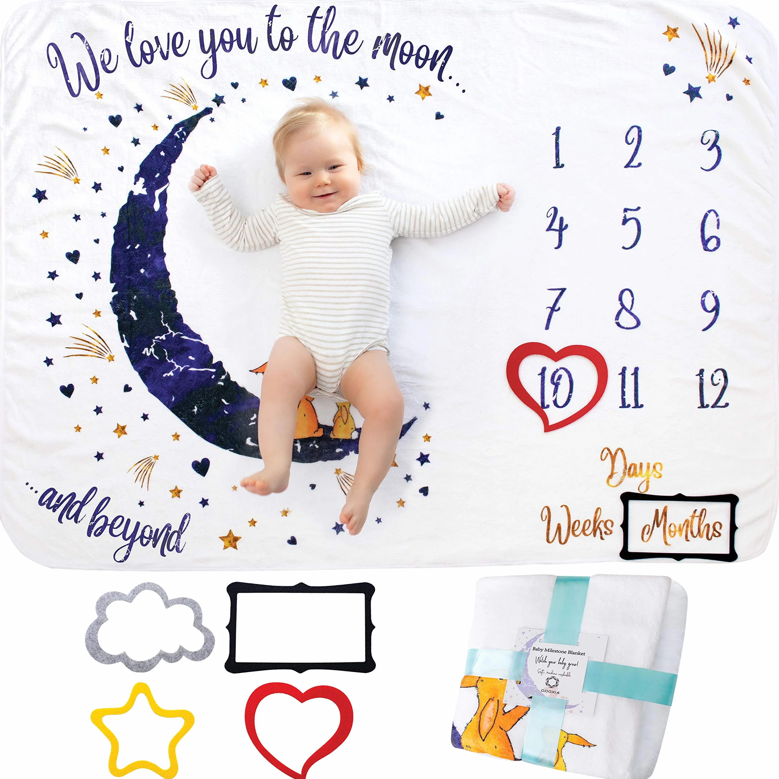 ODOXIA Coperta Mesi Neonato Maschio O Femmina, Unisex | Coperta Mesi Bambino Con Immagini | Regalo Personalizzato Per Neomamme | Traccia La Crescita E L’età | Morbida, Spessa, Grande
