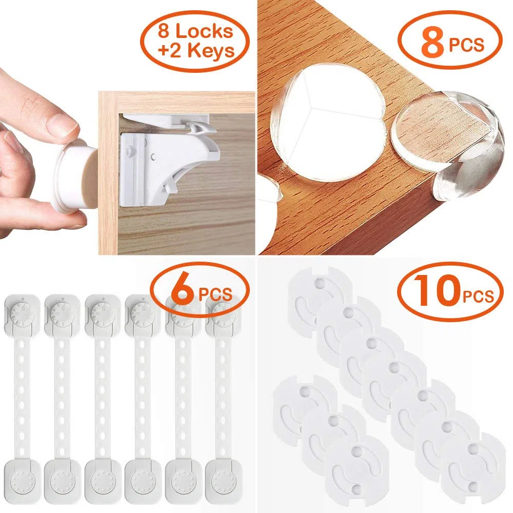 36 PCS Kit di Sicurezza per Bambini, 8 Protezione Spigoli e Angoli 10 Coperchio di Protezione Della Presa 8 Blocchi per Porta 8 Blocchi per Armadio e Cassetto Armadio e 2 Chiave