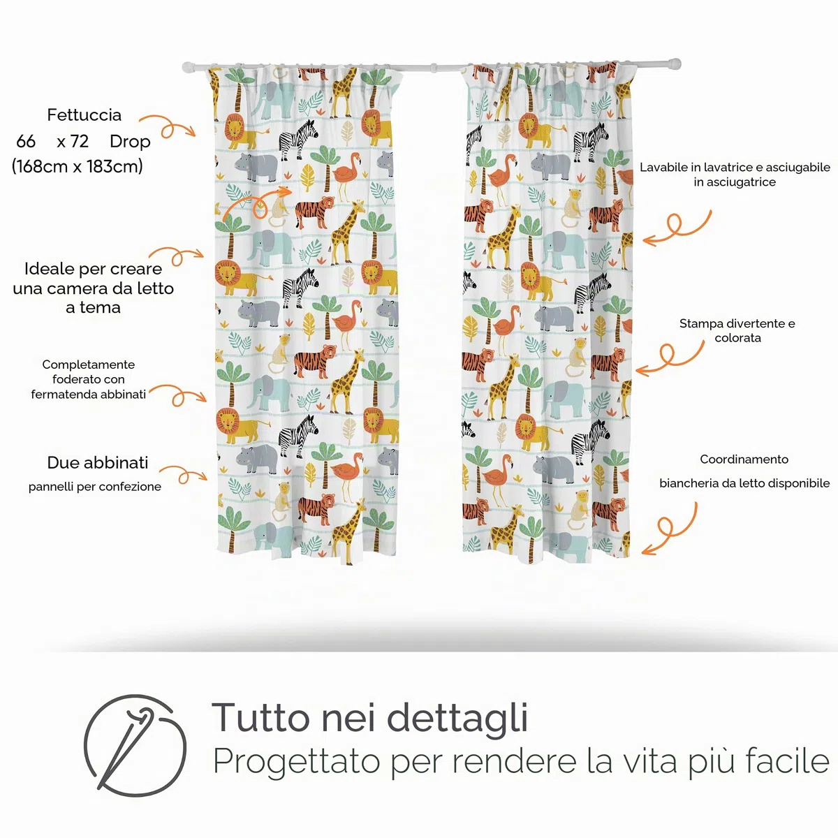 Bloomsbury Mill - Avventura Safari - Animali della Giungla - Coppia Di Tende Foderate Per Bambini Con Fermatenda - 168 cm x 183 cm