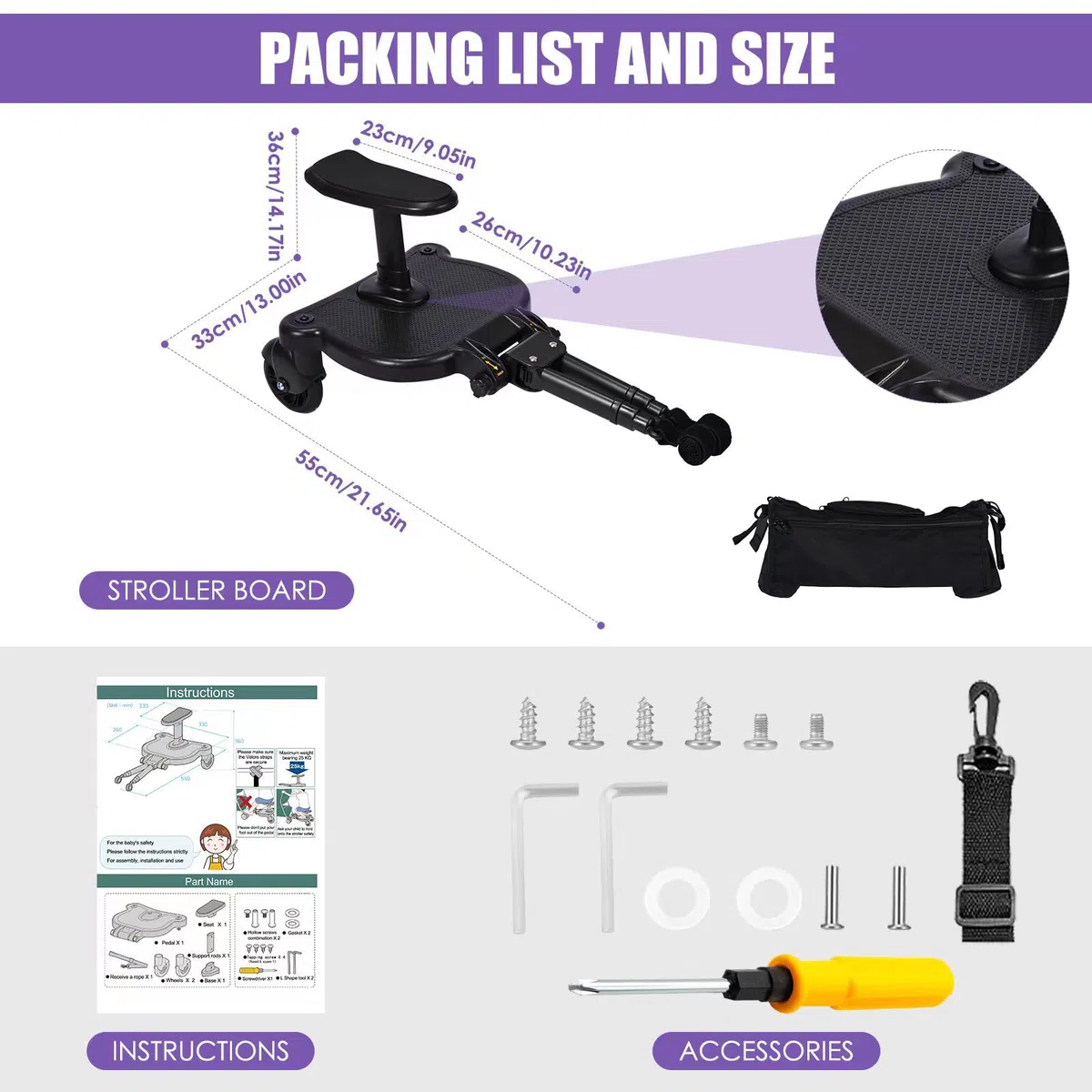 Pedana Passeggino Universale con Sellino, Buggy Board con Borsa per Passeggino, Tavola Passeggino per Adatto al 99% dei Passeggini, per Bambini di 2-6 Anni (Carica 25 kg)