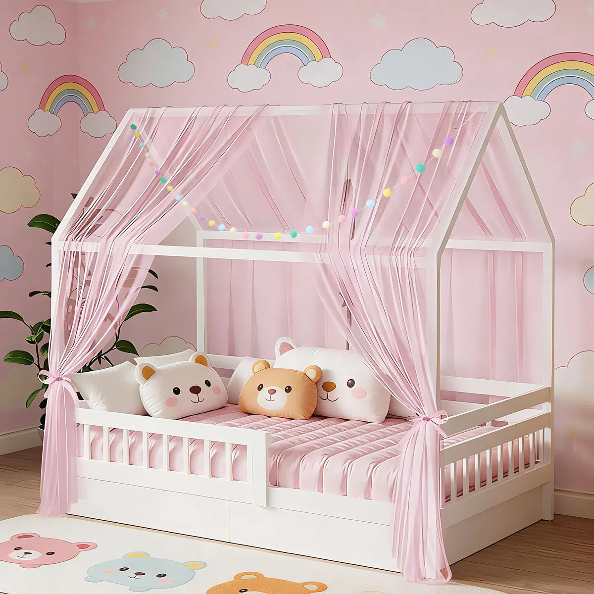 2 pezzi Tenda da letto a baldacchino per lettino bambini, 160x350cm con ghirlanda di pompon colorata e fasce di fissaggio, tende leggere e traspiranti per decorazione (Rosa)