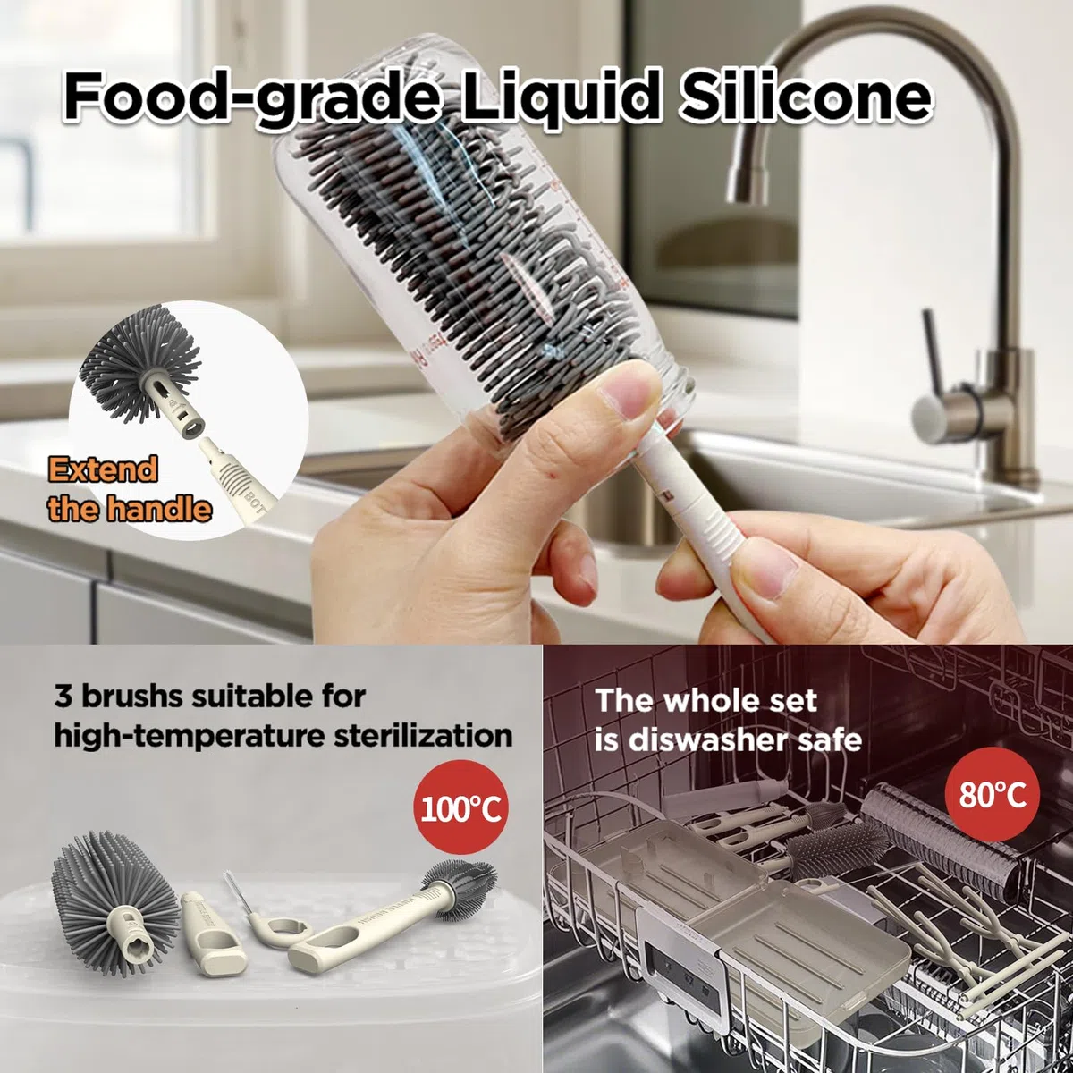 YOTIME Set Spazzole Biberon Viaggio con Scola Biberon Pieghevole, Apertura Automatica & Fessure di Asciugatura Verticale, 3 Spazzole + Dispenser, Essentials per Genitori in Viaggio, Caffè Chiaro